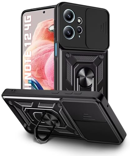 Image of WOW IMAGINE Tough Armor Bumper Mobile Back Case for Redmi Note 12 4G | Sliding Camera Shield Cover | Shock Proof 360 Protection | Hybrid PC + TPU | Ring Holder with Kickstand - Black