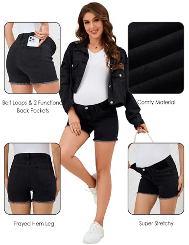 Image of PACBREEZE Women's Maternity Mid-Rise Stretch Denim Shorts Trendy Soft Frayed Hem Pregnancy Shorts, S-XXL
