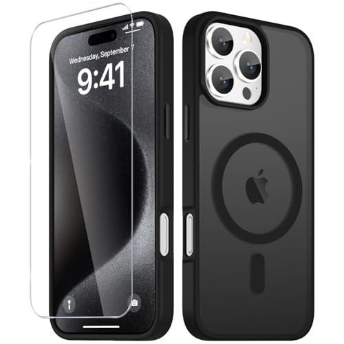 Image of YENAPOON for iPhone 16 Pro Max Case, Matte Magnetic Phone Cover [with 1 Screen Protector] [Support for MagSafe] [Shockproof Military Grade Protection] Translucent Frosted Back, Black