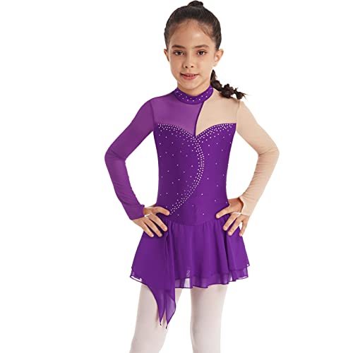 Yuumin Big Girl's Rhinestone Ice Skating Dress Roller Skating Tutu Skirt Leotard Gymnastics Ballet Dance Dress Purple C 8 Years #TOP4
