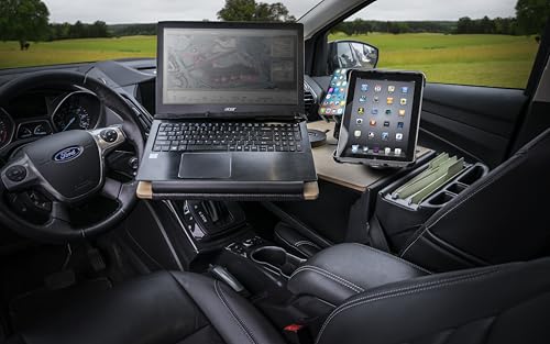 Image of AutoExec Reach Desk Front Seat Car Desk and Portable Workstation with Phone Mount, Tablet Mount and Phone Vent Clip, Natural