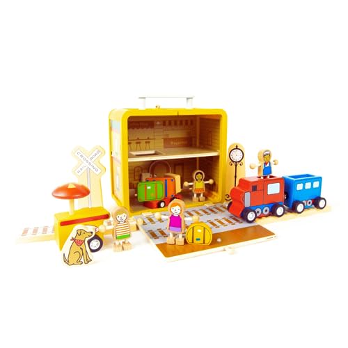 Jack Rabbit Creations- Train Station Suitcase- 16 Piece Portable Playset-Includes Train, Passengers, Conductor, Luggage Carrier and Railroad Crossing Sign –Made of Eco-Friendly Bamboo - Ages 3+ Years