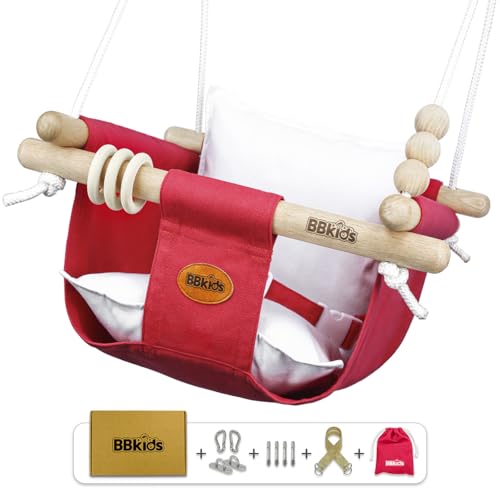 Image of BBkids Indoor Baby Swing, Canvas Baby Swing, Wooden Hammock Hanging Swing Seat Chair with Safety Belt, Outdoor Kids Toddler Baby Tree Swing, Full Set of Ceiling Screws. (Rubine and White)