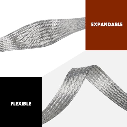 Tinned Copper Braid Wire Shielding Flat Cable Sleeve EMI RFI ESD Protector Ground Straps Flexible Mesh (11/16 in Wide(0.44 in Dia)-15ft)