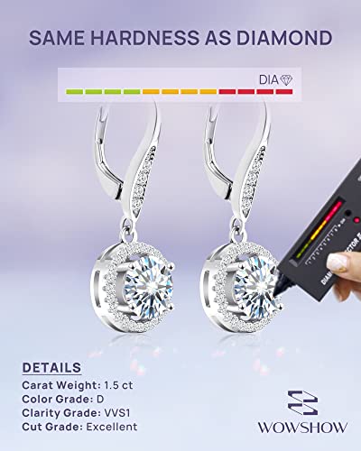 Wowshow Moissanite Earrings, Leverback Earrings For Women 925 Sterling Silver 3Ct Moissanite Diamond Dangle Drop Earrings Round Halo White Gold Plated For Girls Birthday Wedding Mothers Day Gifts #TOP3