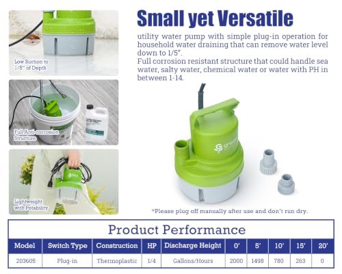 Image of Green Expert 1 /4HP Submersible Utility Pump, 2000GPH Flow, 316 Stainless Steel Components, Corrosion-Resistant for Pool, Hot Tub, Saltwater, Seawater, Vinegar, Tankless Heater Flush and Water Removal