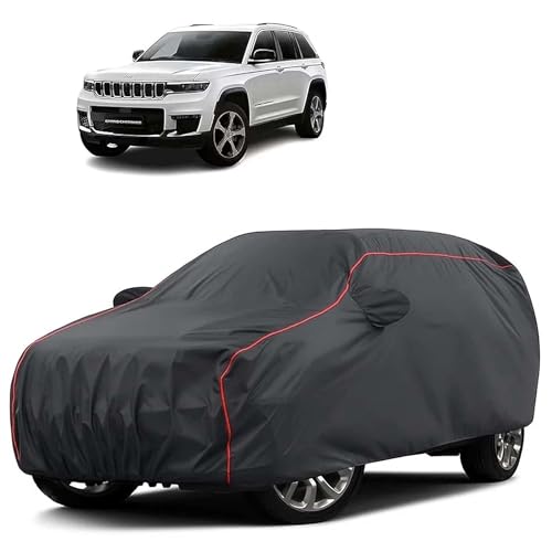 Image of Sulfar 100% Water Resistant Car Body Cover Compatible with Mirror for Jeep Grand Cherokee (Triple Stitched, Full Bottom Elastic, Dark Grey Tafetta with Red Piping)