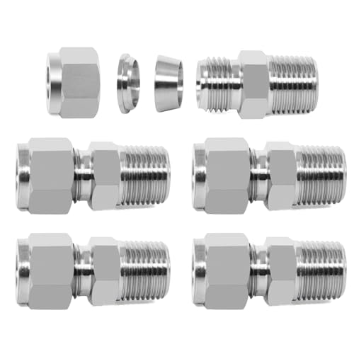 Image of ChillWaves 304 Stainless Steel Compression Tube Fitting, 1 /4 inch OD x 1 /8 inch NPT Male Compression Union Connector(5-PACK)