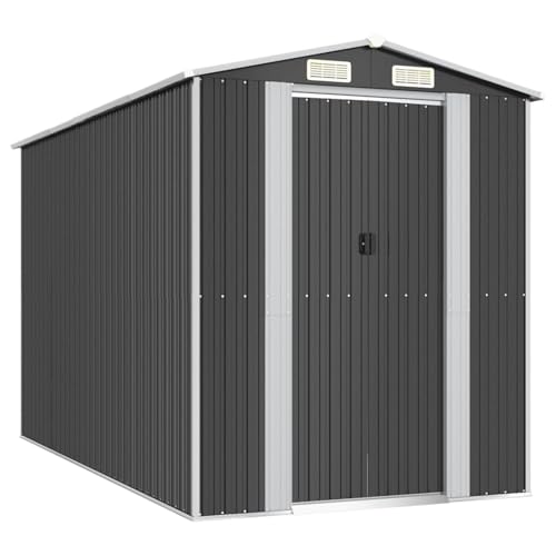 WGYHOME Cobertizo para herramientas de jardín, herramientas y accesorios de piscina en exteriores, color antracita, 192 x 357 x 223 cm, acero galvanizado, con puerta corredera y rejillas de