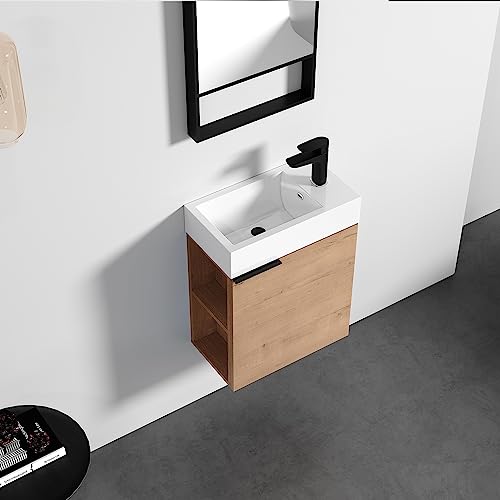 Dowell 18\" Inch Oak Natural Small Bathroom Vanity with White Ceramic Sink Combo, Narrow Modern Bathroom Cabinet with Soft-close Door, Wall Mounted Single Bathroom Vanity Set with Side Shelves - Thumbnail 5