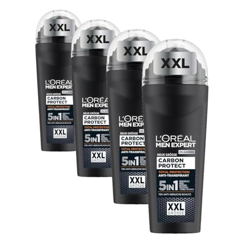 L'Oréal Men Expert XXL 5in1 Deoroller für Männer, Deo Roll-On gegen starken Schweißgeruch, Schwitzen, Achselnässe und weiße Rückstände, Herren 48H Deodorant ohne Alkohol, Carbon Protect, 1 x 100 ml