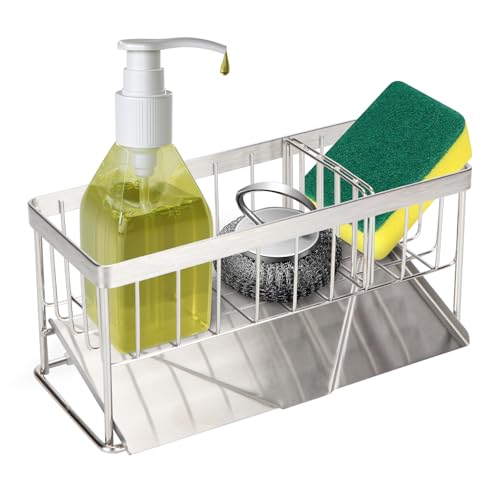 Reelyo スポンジ置き スポンジホルダー 洗剤ラック 水切り 防錆 水が流れる ステンレス製 可動式仕切り板付き たわしホルダー 洗面所/キッチン 収納