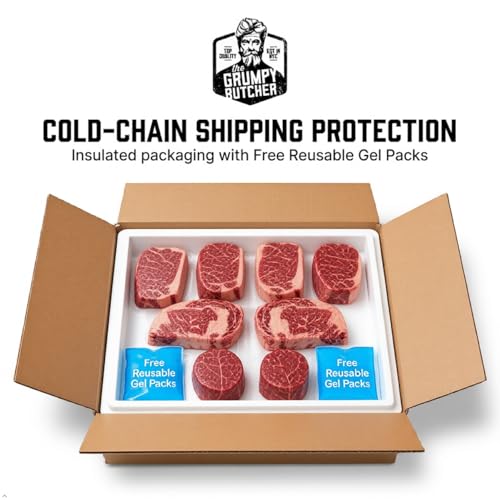 Image of Grumpy Butcher 8 Steaks Full House Set - 4 Top Sirloin, 2 Ribeye Steaks & 2 Filet Mignon - USDA Top Choice - Steakhouse Quality Meat With Food Gifts Box Option