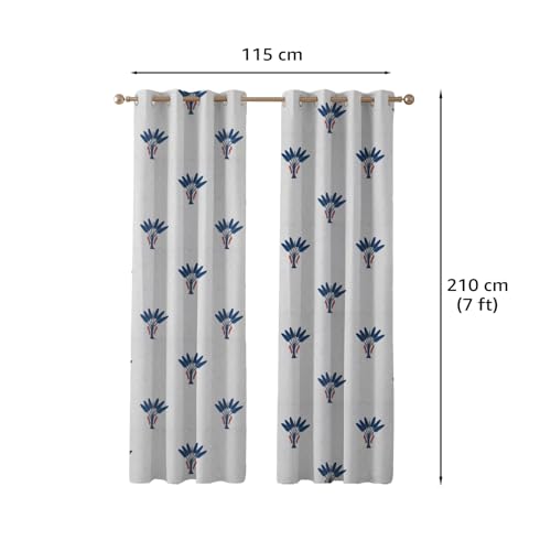 Image of Amazon Basics - Floral Print Light Filtering Curtains | 100% Cotton 150 TC | Set of 2 | 7 Feet | 115 x 210 cm | Blue | Eyelets & Tiebacks| Ideal for Bedroom and Living Room