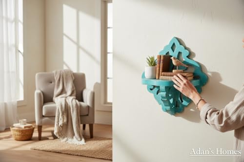 Image of Adan's Homes Shelf Wooden Wall Mounted Distressed Blue Color 23 x 20 X 11 CM Pack of One French Country Style Elegantly Floral Hand Crafted for Home and Office Decor AHSLF28BL