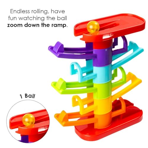 Image of Ratna's 3 in 1 Thunder Racer Track Car Ramp 5 Layer Ball Drop & Roll Swirling Tower Toys for Baby and Toddler | Stack, Drop & Go Ramp Toy Set Includes 3 Cars, 3 Sliders & 1 Ball