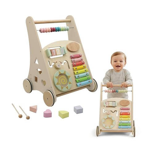 Buddy Baby Montessori  Andador bebés de madera   Carrito correpasillos para primeros pasos con juguetes y actividades   Carro caminador para bebé +12 meses (Oslo/Multicolor)