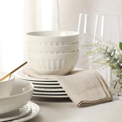 Image of Gibson Home Melbourne White Plates and Bowls Set, 16 Piece Embossed Ceramic Dinnerware Set - Service for 4 Dishes - With Pasta Bowl