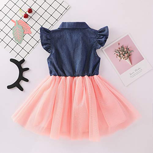 Toddler Kids Baby Girls Princess Dress Ruffle Fly Sleeve Button Lapel Denim Top Stitching Tulle Tutu Skirts Clothes Pink 3-4T #TOP2