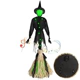 Electric Witch Broom, LED Witch Decoration, Voice and Touch Activated, Magical Animated Witch Broom that can Move, Perfect for Porch and Halloween Party Decorations(Green Sliding Model)