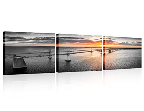 3 Panel Chesapeake Bay Scenery Black and White Wall Art Chesapeake Bay Bridge at Sunset Wall Decor for Living Room Sea Surface Scenery Pictures Office Decor Art Prints Ready to Hang 12x16 inch x3