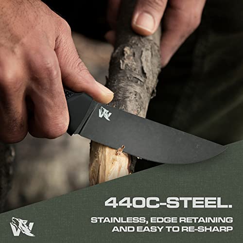 Odenwolf W-Flat Full Tang Survival Knife With Sheath - Stylish Tactical Fixed Blade Knife - Made Of 440C Steel - Bushcraft And Camping Knife Survival - Perfect Edc Hunting Knife With Tpe Handle #TOP1
