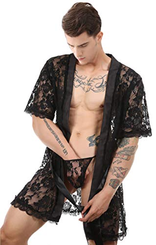 Men's Lace Soft Robe With Thong Sexy Top And Bottom Nightgown Half-Sleeve Pajamas for twinks2