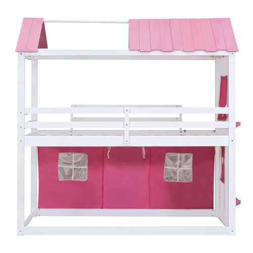 Harper & Bright Designs Twin Over Twin Bunk Bed, Wood Twin Size House Bed with Elegant Windows, Sills and Tent, Pink+White