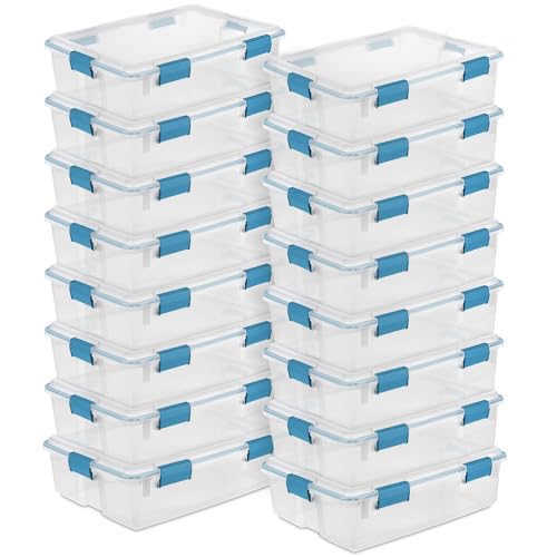 Image of Sterilite Gasket Storage Box with Lids for Home & Office, 37 Quart, 16-Pack | Heavy-Duty, Stackable, and Organizing Containers for Bathroom, Cabinet, Closet, and Garage, Clear and Blue Aquarium Latches