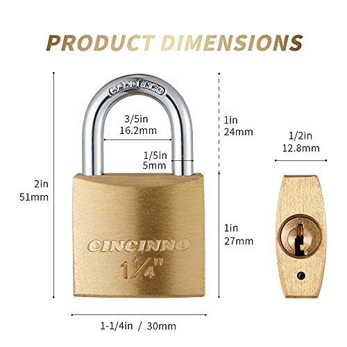 Cincinno 12Pack Small Solid Brass Locks Keyed Alike,1-1/4 Inch (30Mm) Wide Lock Body, 1/5 Inch Shackle Diameter Padlocks With Key thumb #1
