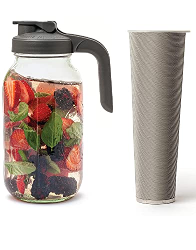 County Line Kitchen 2 Quart Heavy Duty Glass Mason Jar Pitcher + 2 Quart Filter, Gray Lid