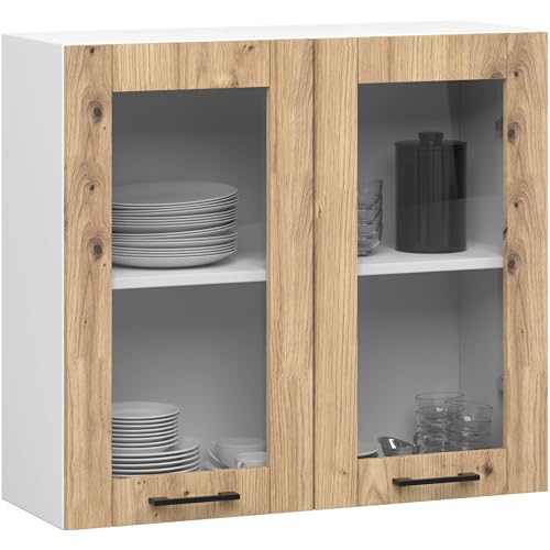 AKORD | Armoire de Cuisine Suspendue - Vitrine de Cuisine 80cm, H720 | Meuble avec 2 Portes et 2 Étagères | Armoire de Rangement | Blanc & Chêne Artisan