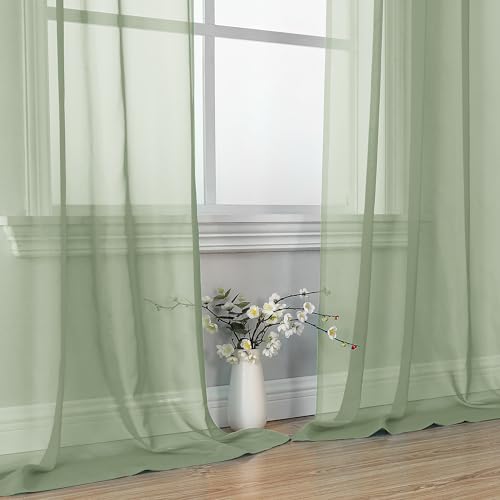 Image of OVZME 2 Pieces Bedroom Curtains 96 inch Length for Farmhouse, Voile Drapes Light Airy Window Decor for Patio Door Living Room Bedroom Dining, Sage Green, Each W42 X L96 inches, 1 Pair