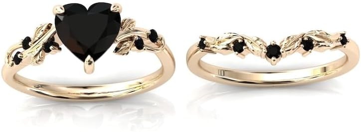 Generic Natural Black Onyx Engagement Ring Set For Women Heart Shaped Black Onyx Ring Set Rose Gold Leaf Ring Set Black Gemstone Wedding Ring Set
