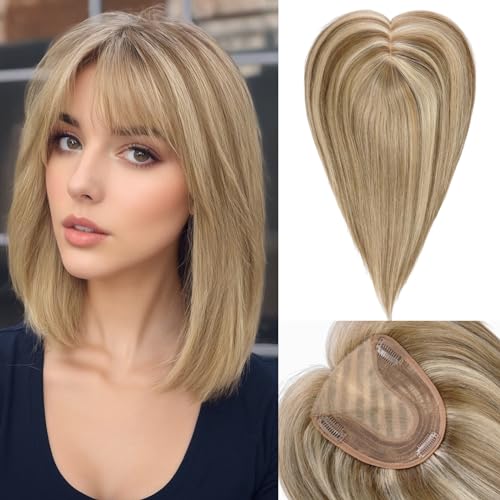 Starluck Real Human Hair Toppers for Women - 14 inch with Bangs, 5"x5.5" Base, Medium Brown & Dark Blonde, Covers Thinning Hair & Grey