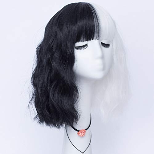 LABEAUTÉ Peruca preta e branca, peruca feminina curta e ondulada resistente ao calor comprimento do