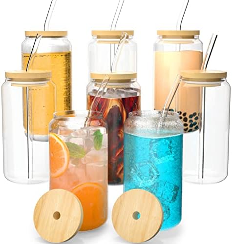 Finew Drinking Glasses with Bamboo Lids and Straws 8pcs, Glass Cups Set, 16oz Beer Can Shaped Glasses, Iced Coffee Cups, Cute Tumbler Cup, for Whiskey, Wine Cocktail Boba Tea Gift