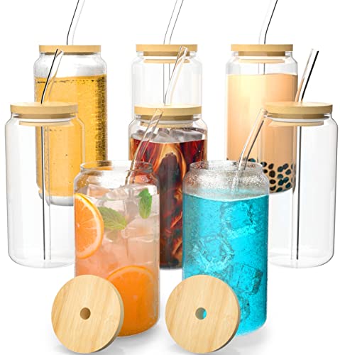 Finew Drinking Glasses With Bamboo Lids And Straws 8Pcs, Glass Cups Set, 16Oz Beer Can Shaped Glasses, Iced Coffee Cups, Cute Tumbler Cup, For Whiskey, Wine Cocktail Boba Tea Gift #TOP2
