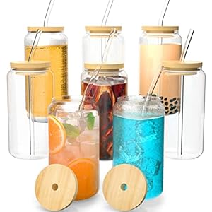 Finew 8PCS Drinking Glasses with Bamboo Lids and Straws, Glass Cups Set, 16oz Beer Can Shaped Glasses, Iced Coffee Cups, Cute Tumbler Cup, for Whiskey, Wine Cocktail Boba Tea Gift