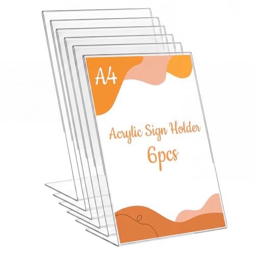 Image of Thboxes A4 Acrylic Sign Holder, 6 Pack L-Shaped Clear Tilt Display Stands