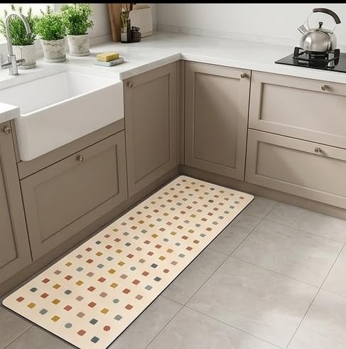 Image of HomeCloud Rubber Kitchen Mats for Floor Set of 2 Pcs|Non-Skid, Soft Absorbent Rugs for Kitchen, Laundry, and Hallway|120x40cm, 40x60cm| 4mm Thickness (Happiness Cream)