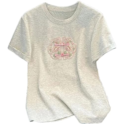 T-shirt brodé femme baggy d'été à col rond et design traditionnel style chinois