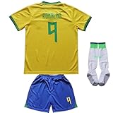 WINKIZIL Vintage Brasil Home #9 Retro Football Soccer Kids Jersey Shorts Socks Set Youth Sizes (Yellow #9, 30)