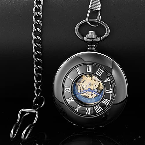 Image of Steampunk Vintage Smooth Roman Carved Case Design Mechanical Hand-Wind with Chain & Box Best Gifts