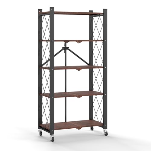 Hershii 5-Tier Adjustable Foldable Storage Shelf with Wheels, Freestanding Metal