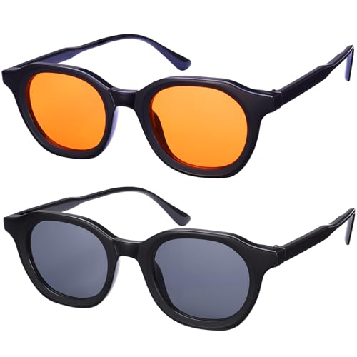 Retro 70S Vintage Sunglasses Unisex 2 Pairs Lightweight Small Round Orange Gray Tinted Trendy Sun Glasses for Women Men