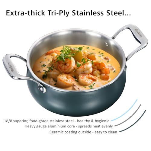 Image of Hawkins 3 Litre Triply Stainless Steel Olive Handi | Induction & Gas Compatible | Easy-Clean Ceramic Exterior | with Glass Lid | Green (POSH30G)