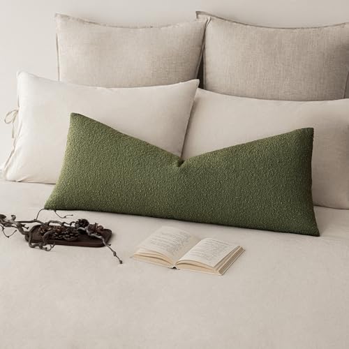Foindtower Decorative Textured Boucle Throw Pillow Covers Accent Solid Pillow Cases Neutral Long Body Lumbar Couch Cushion Case for Chair Sofa Bedroom Living Room Home Decor 14x36 Inch,1PC,Moss Green