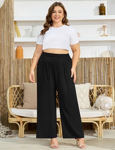 ZHUHOUSE Calça feminina plus size de perna larga casual de linho para ioga palazzo fluida verão com