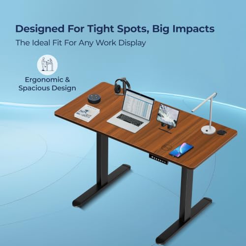 Image of The Sleep Company AeroPro Electric Height Adjustable Desk | Ergonomic WFH Table | 4 Memory Presets | Wireless Charging | 2 Yr Warranty | 1200x600 Top | Free Installation | Wooden & Black